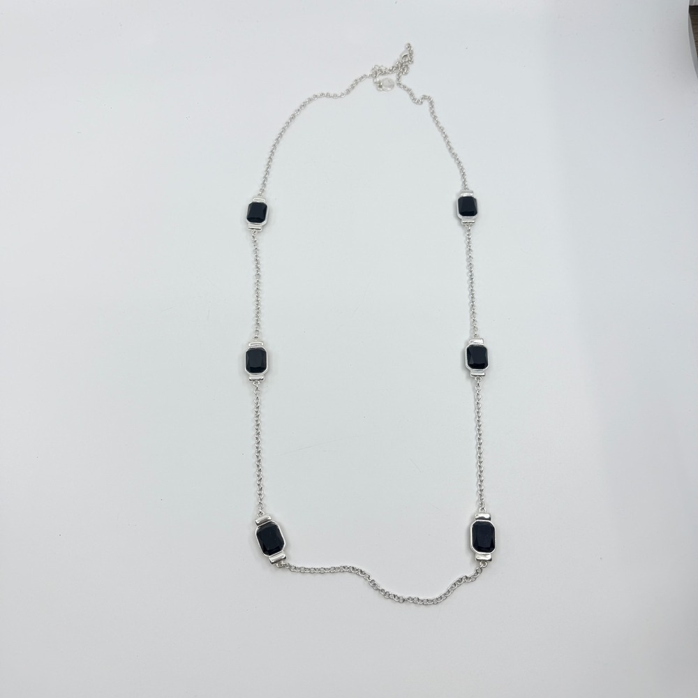 Vintage Silver Tone Station Necklace with Black Rectangular Stones - Picture 9 of 11